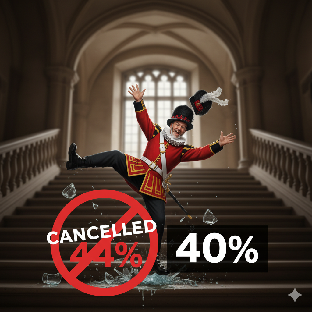 A Beefeater yeoman tumbling down stairs, with the old 44% ABV crossed out and replaced by 40%