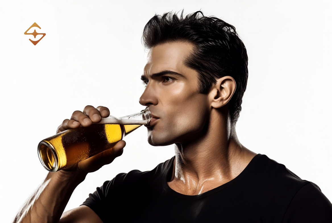A lean, muscular man drinking a beer in profile against a white background, beside the SpiritFacts logo