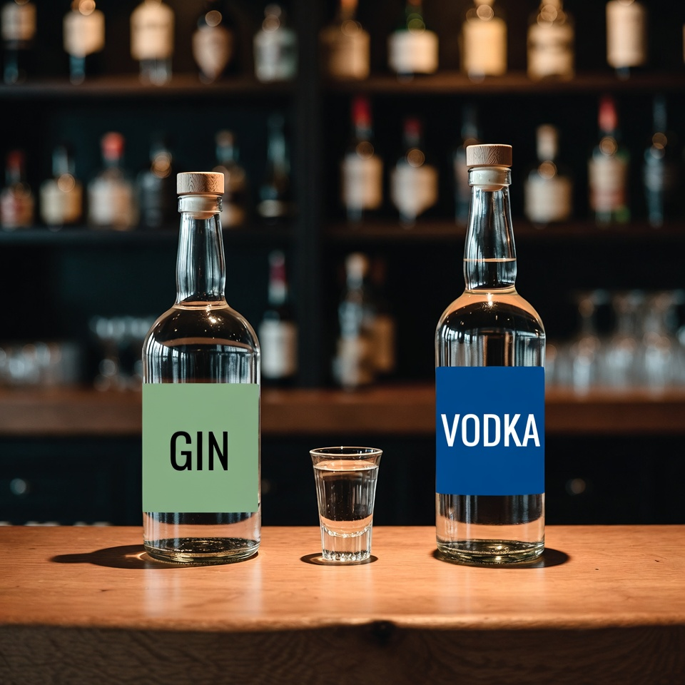 A clear gin bottle with a green label and a clear vodka bottle with a blue label flanking a full shot glass on a wooden bar, with a backlit liquor shelf behind