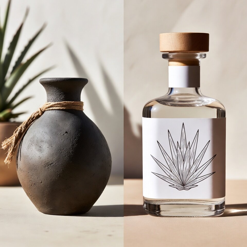 A split image comparing a rustic black clay mezcal vessel wrapped in twine on the left with a clear modern tequila bottle showing an agave illustration on the right