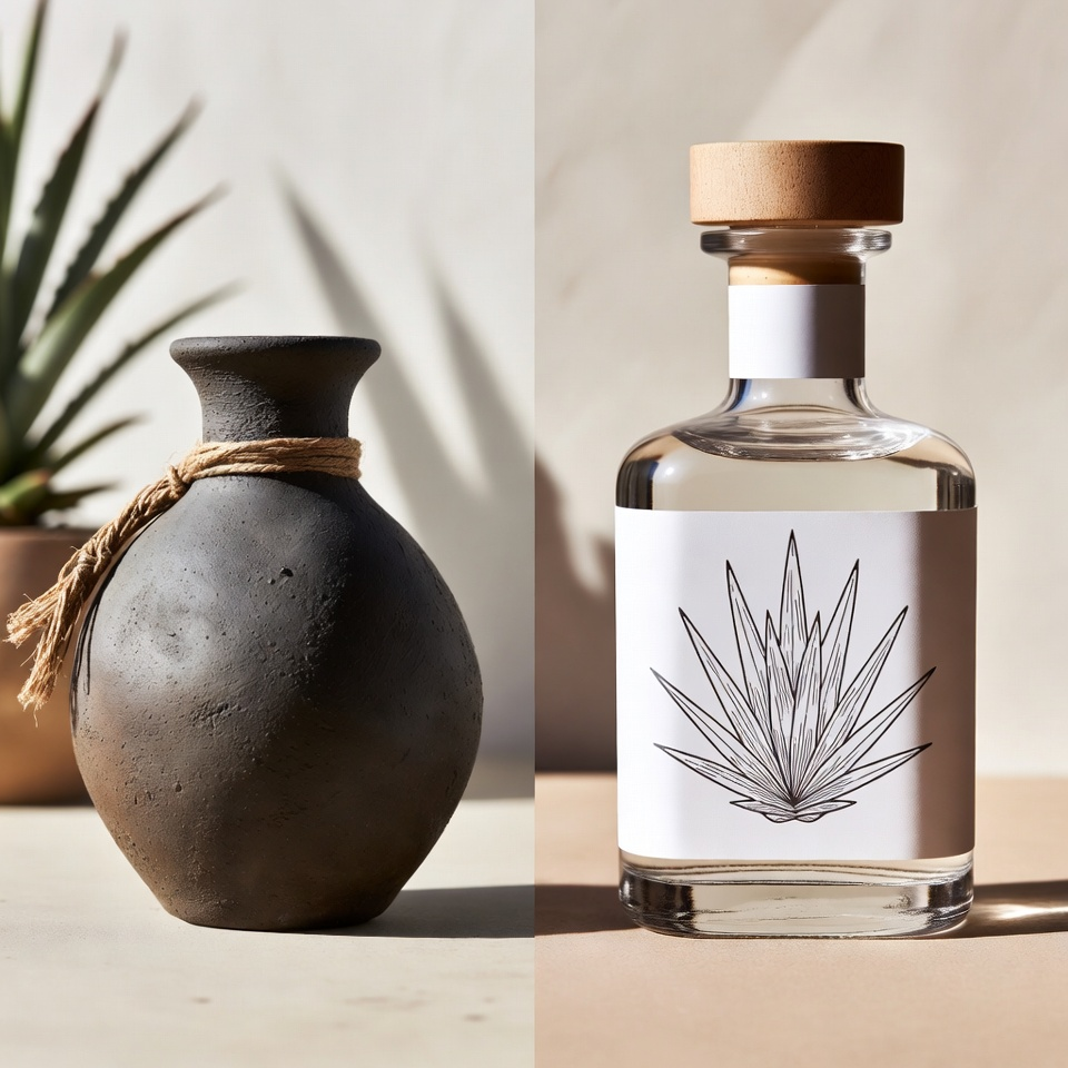 A split image comparing a rustic black clay mezcal vessel wrapped in twine on the left with a clear modern tequila bottle showing an agave illustration on the right