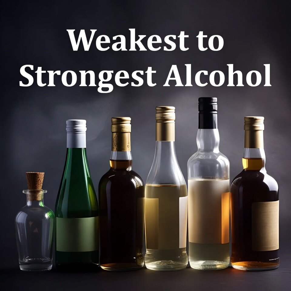A lineup of six bottles arranged from a small clear flask up through wine and dark spirits against a moody dark background, under the title Weakest to Strongest Alcohol