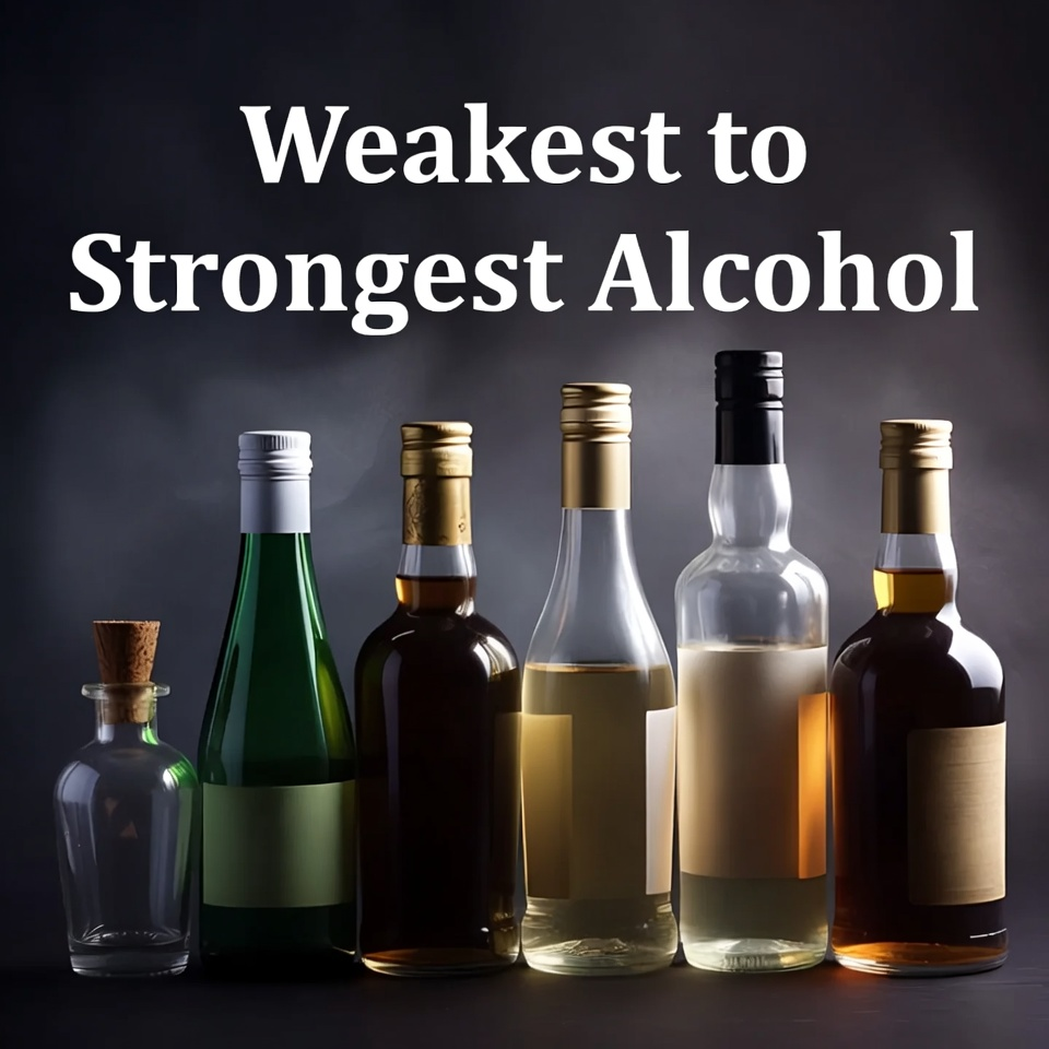 A lineup of six bottles arranged from a small clear flask up through wine and dark spirits against a moody dark background, under the title Weakest to Strongest Alcohol
